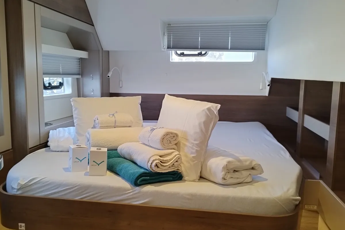 Cabin on Grampus, a Bali 4.6 catamaran at Olbia, Italy