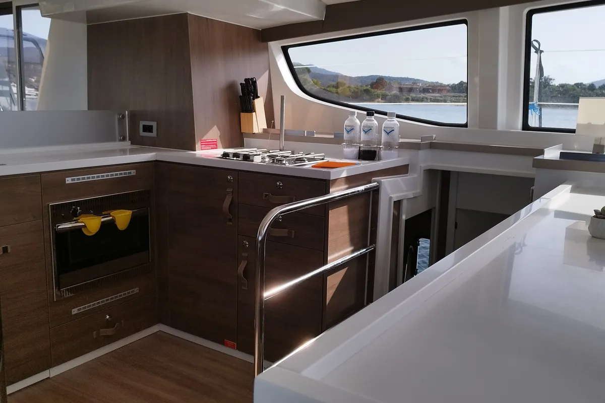 Galley of Grampus, a Bali 4.6 catamaran at Olbia, Italy