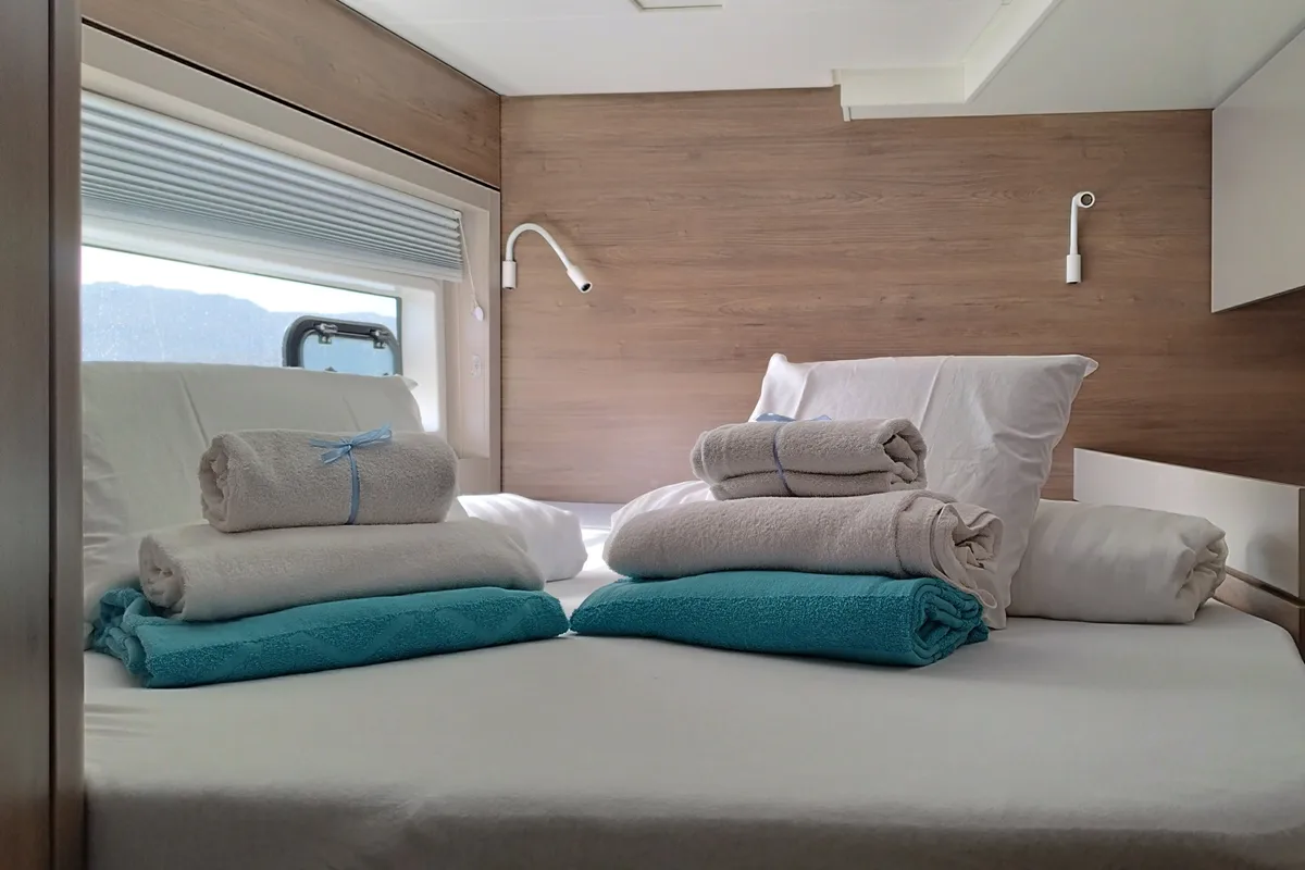 Cabin on Grampus, a Bali 4.6 catamaran at Olbia, Italy