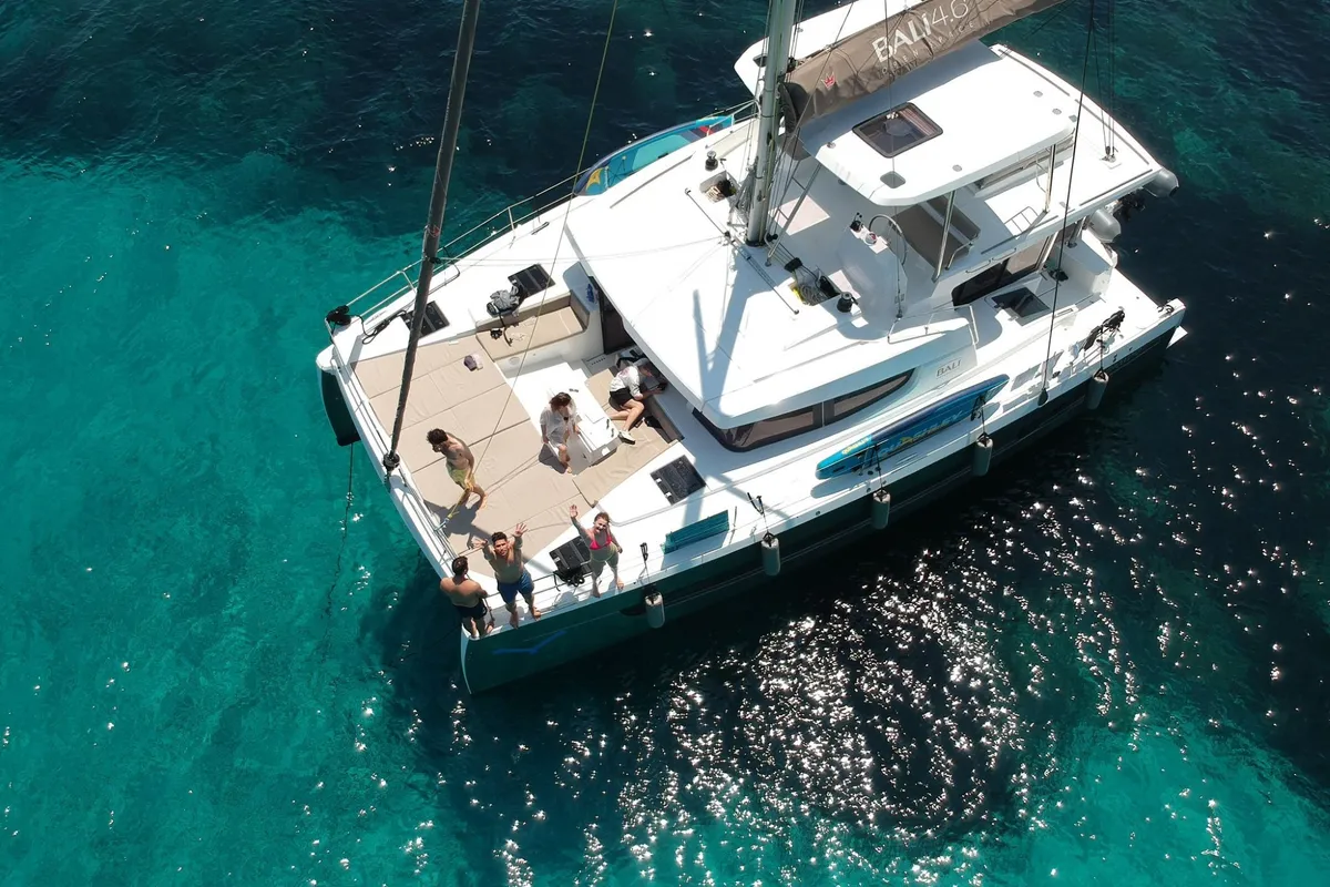 Exterior view of Grampus, a Bali 4.6 catamaran at Olbia, Italy