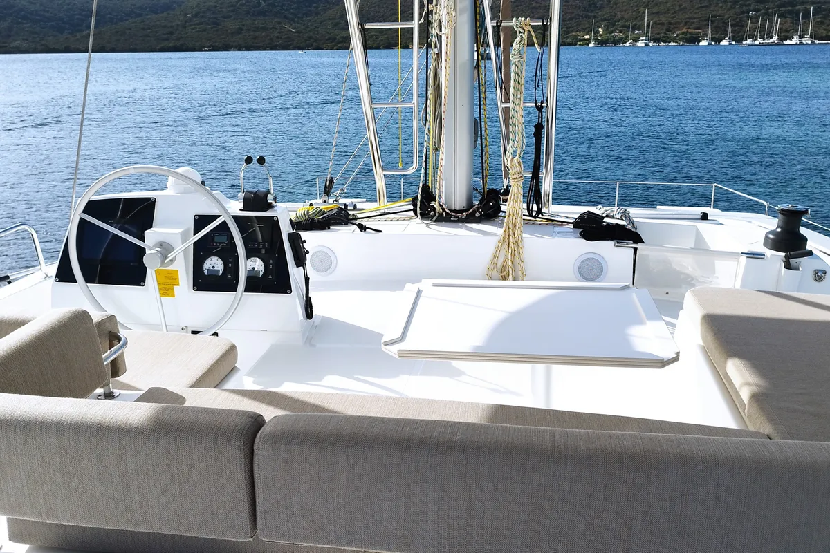 Cockpit of Grampus, a Bali 4.6 catamaran at Olbia, Italy