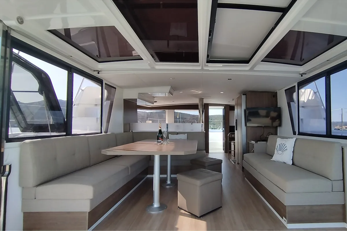Exterior view of Grampus, a Bali 4.6 catamaran at Olbia, Italy