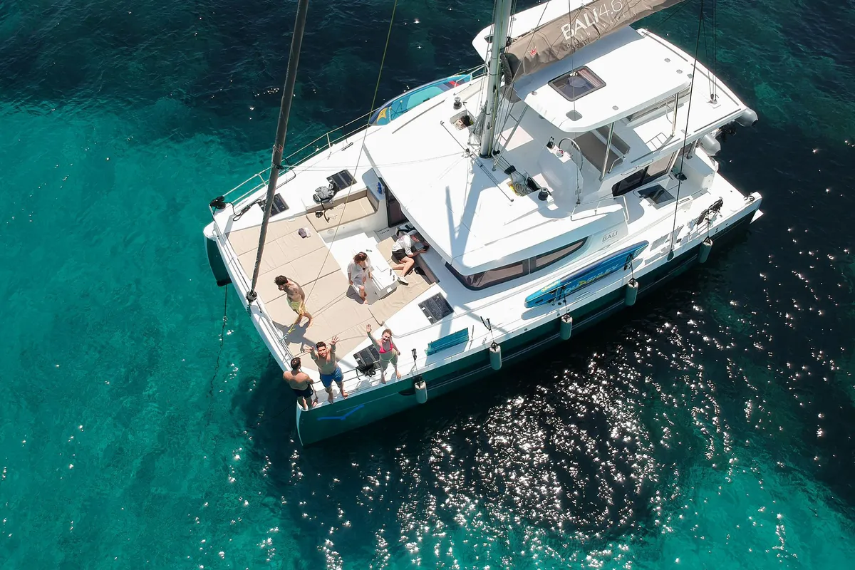 Deck of Grampus, a Bali 4.6 catamaran at Olbia, Italy
