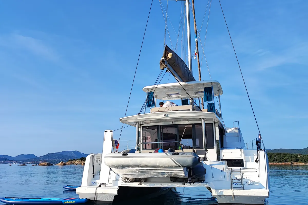 Cockpit of Grampus, a Bali 4.6 catamaran at Olbia, Italy