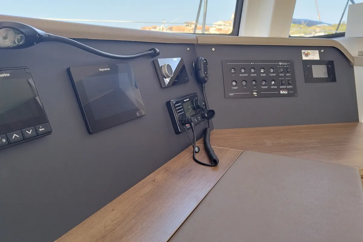 Salon of Grampus, a Bali 4.6 catamaran at Olbia, Italy