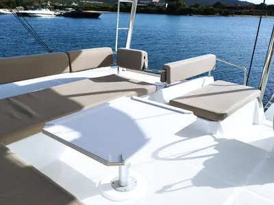 Deck of Grampus, a Bali 4.6 catamaran at Olbia, Italy