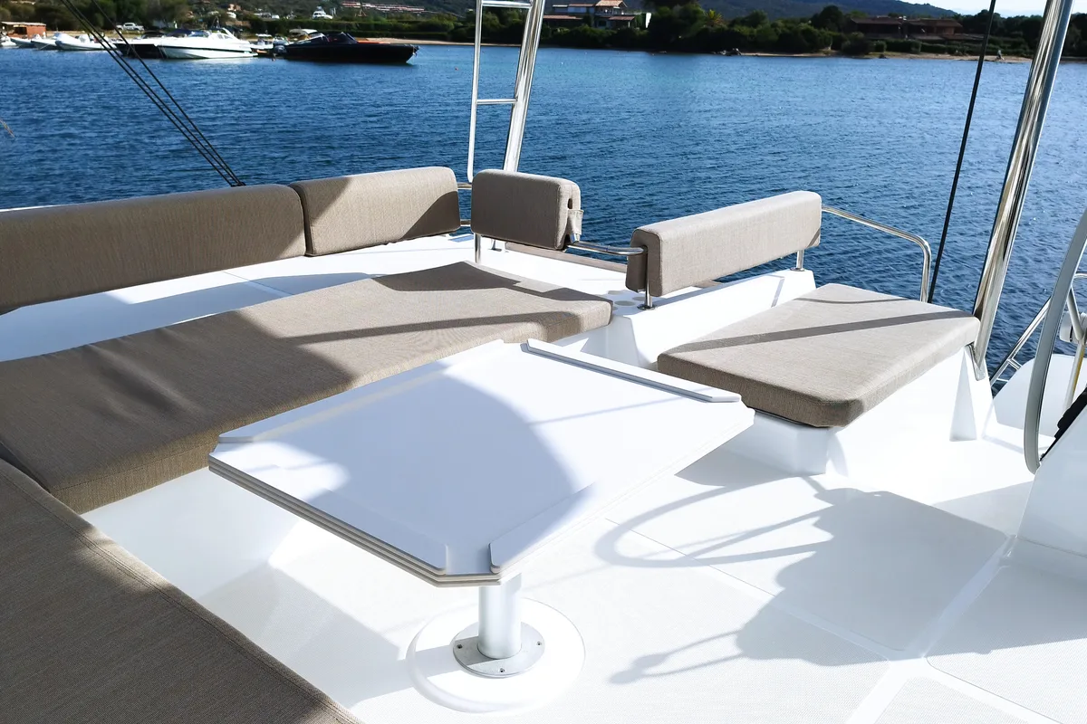Deck of Grampus, a Bali 4.6 catamaran at Olbia, Italy