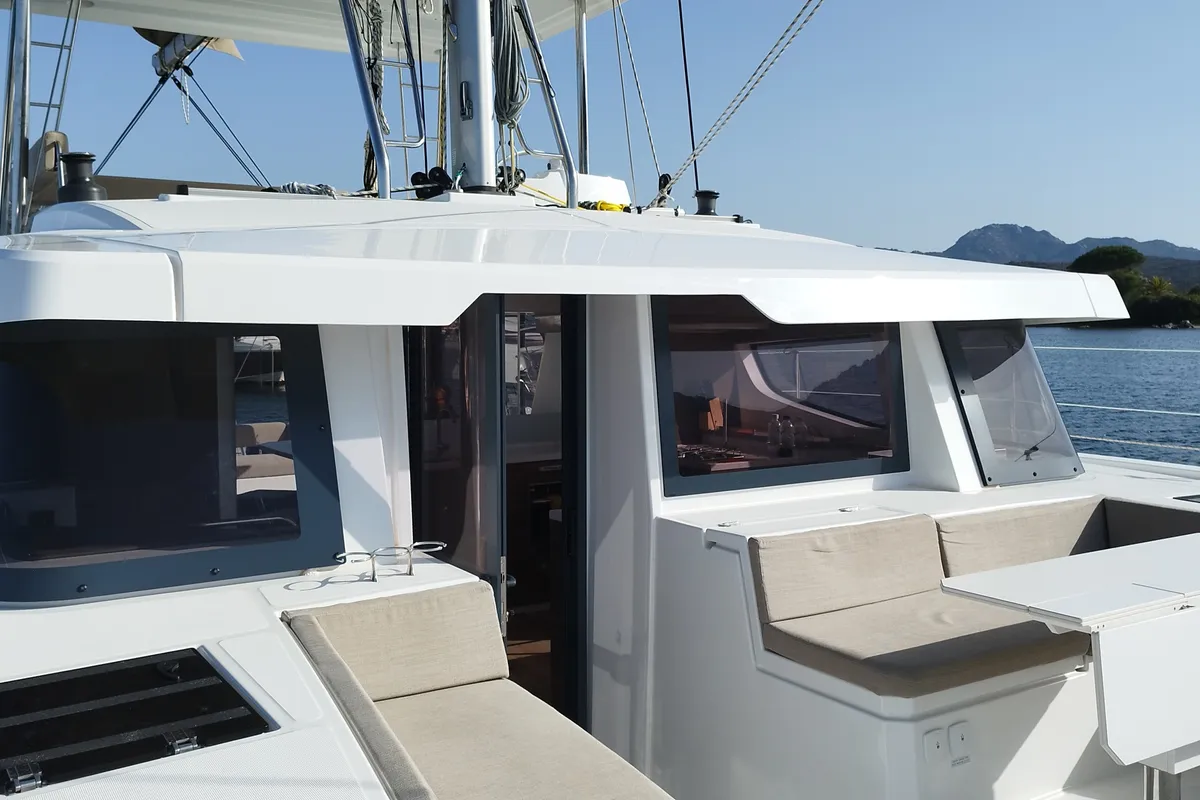 Deck of Grampus, a Bali 4.6 catamaran at Olbia, Italy