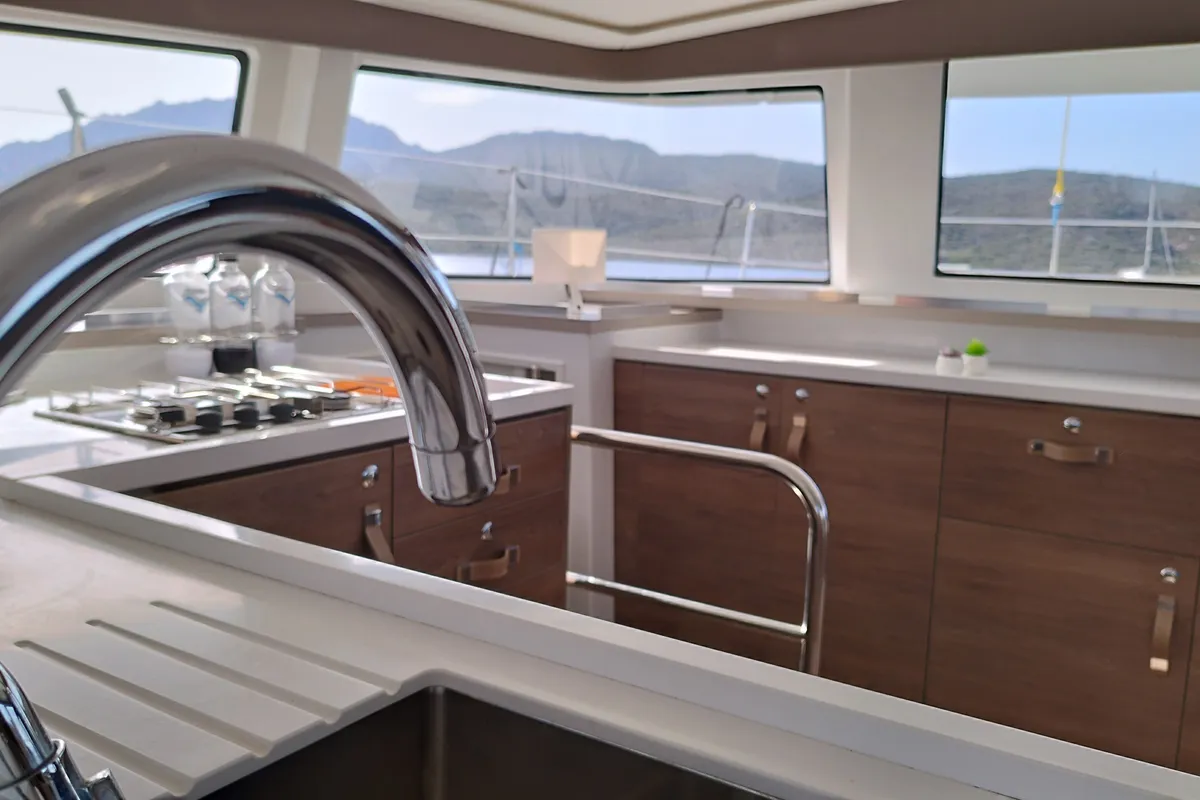 Galley of Grampus, a Bali 4.6 catamaran at Olbia, Italy