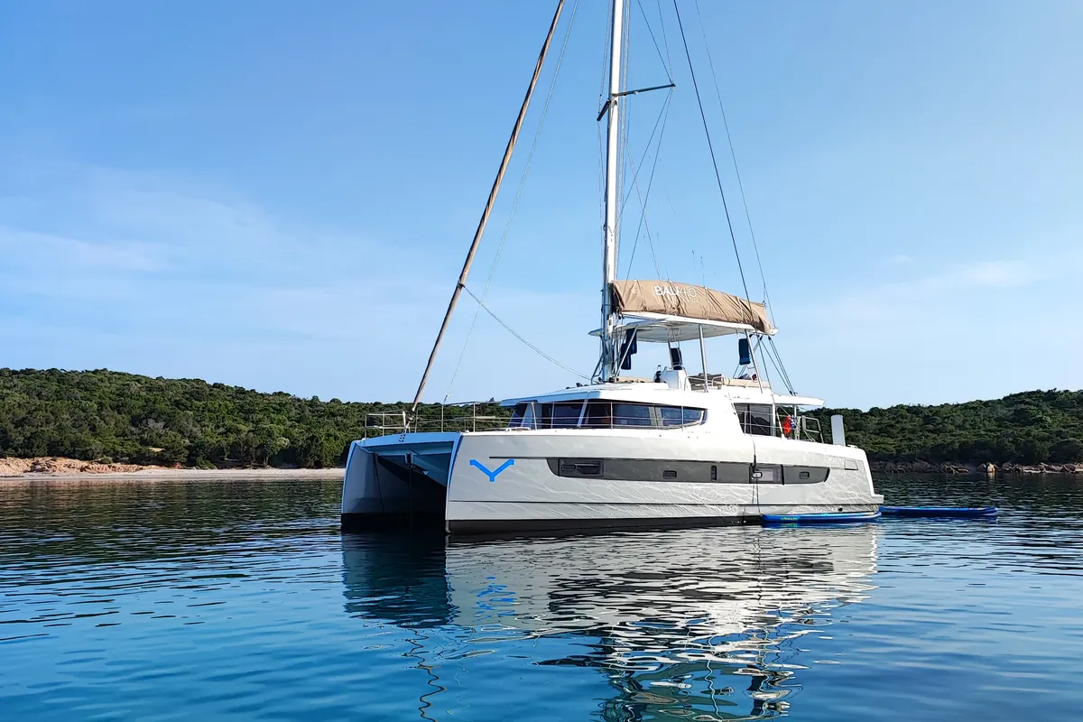 Exterior view of Grampus, a Bali 4.6 catamaran at Olbia, Italy