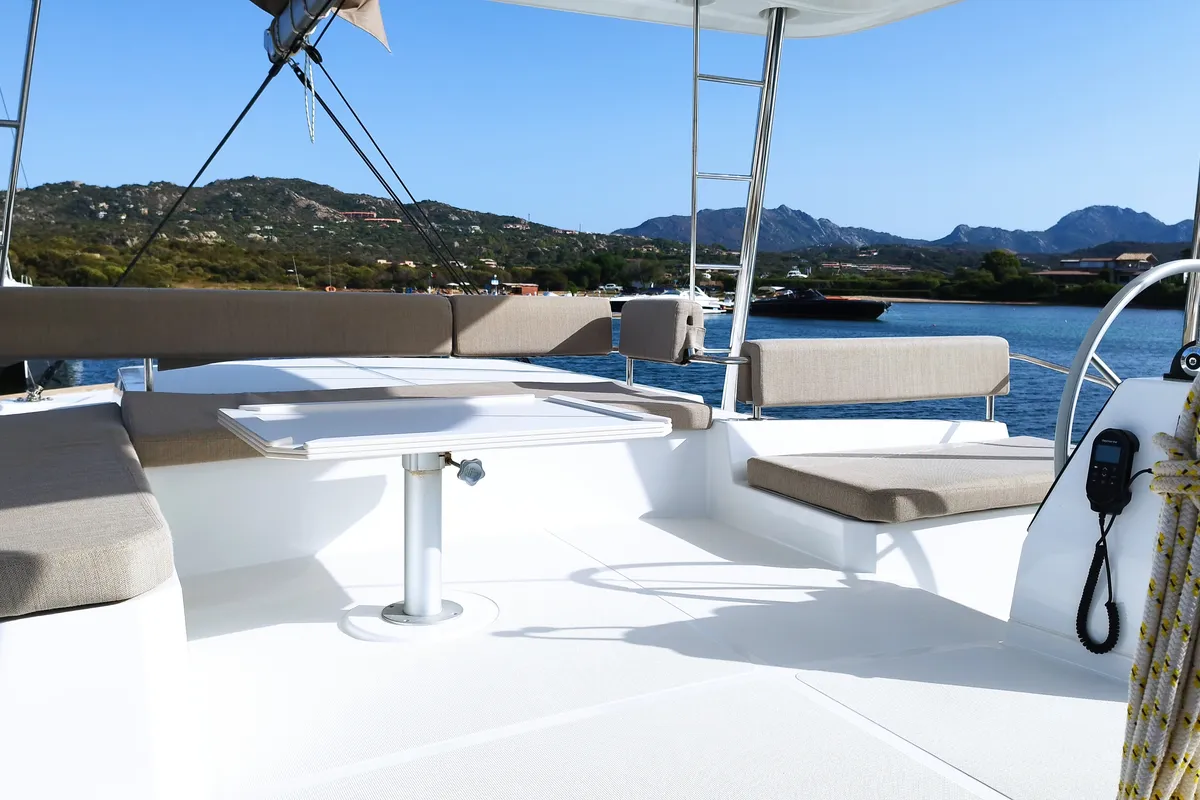 Deck of Grampus, a Bali 4.6 catamaran at Olbia, Italy