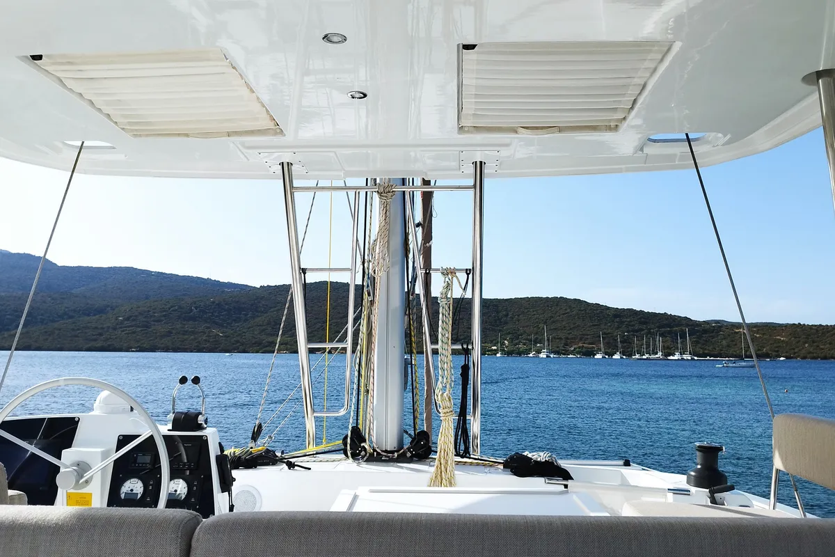 Cockpit of Grampus, a Bali 4.6 catamaran at Olbia, Italy