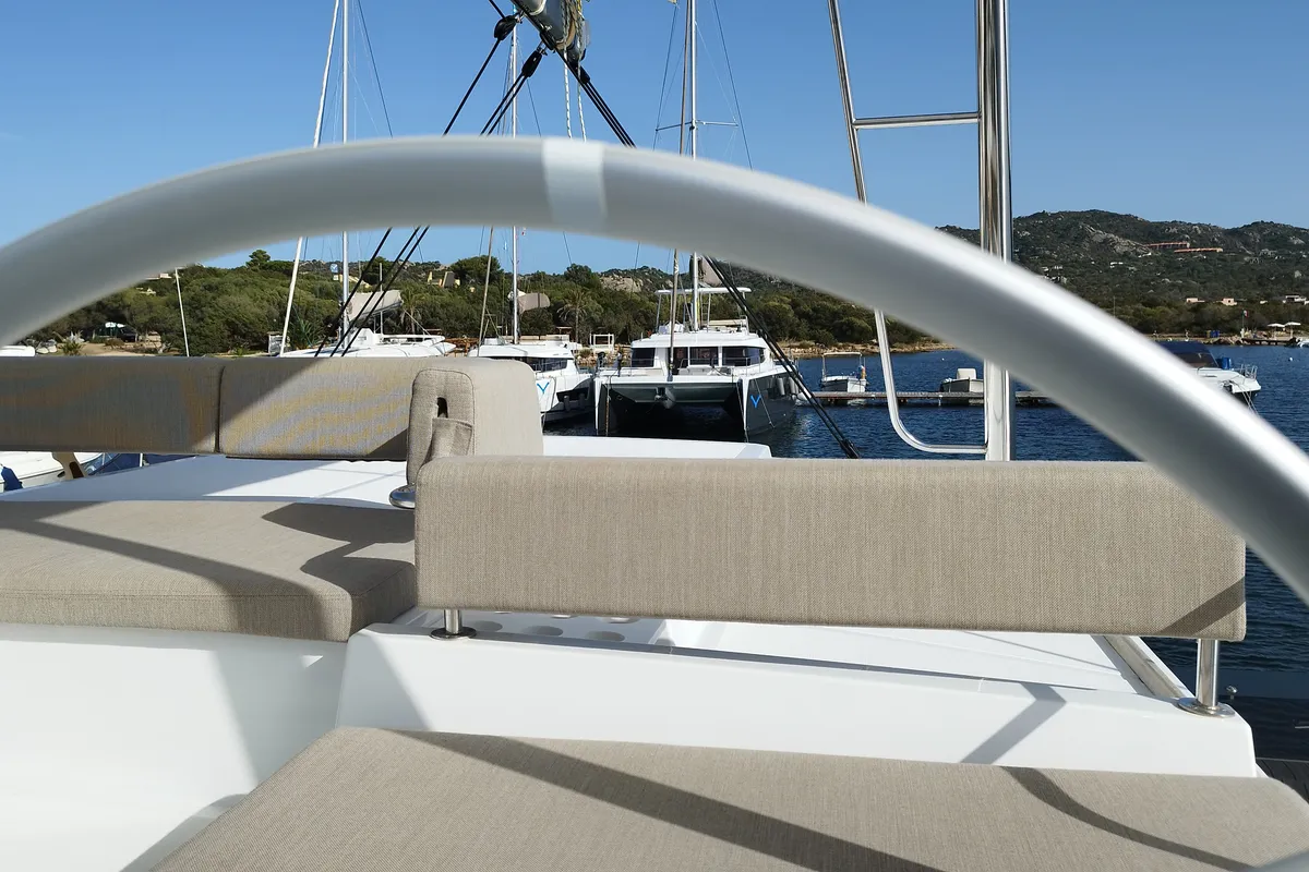 Cockpit of Grampus, a Bali 4.6 catamaran at Olbia, Italy