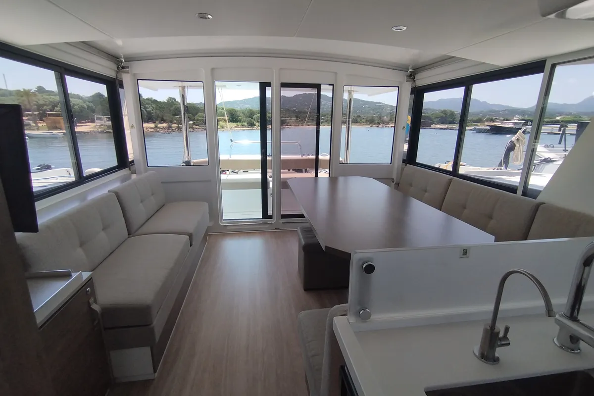 Salon of Grampus, a Bali 4.6 catamaran at Olbia, Italy