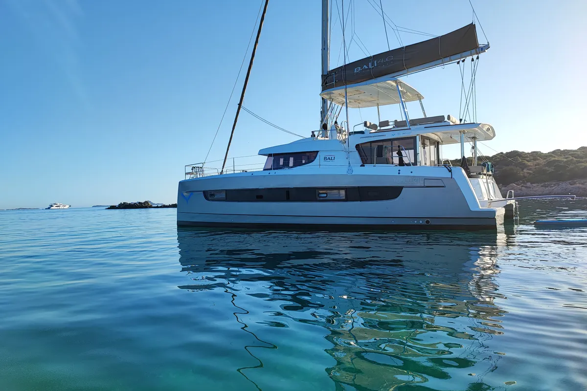 Cabin on Grampus, a Bali 4.6 catamaran at Olbia, Italy