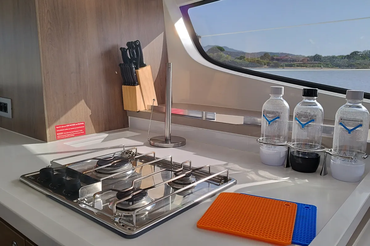 Salon of Grampus, a Bali 4.6 catamaran at Olbia, Italy