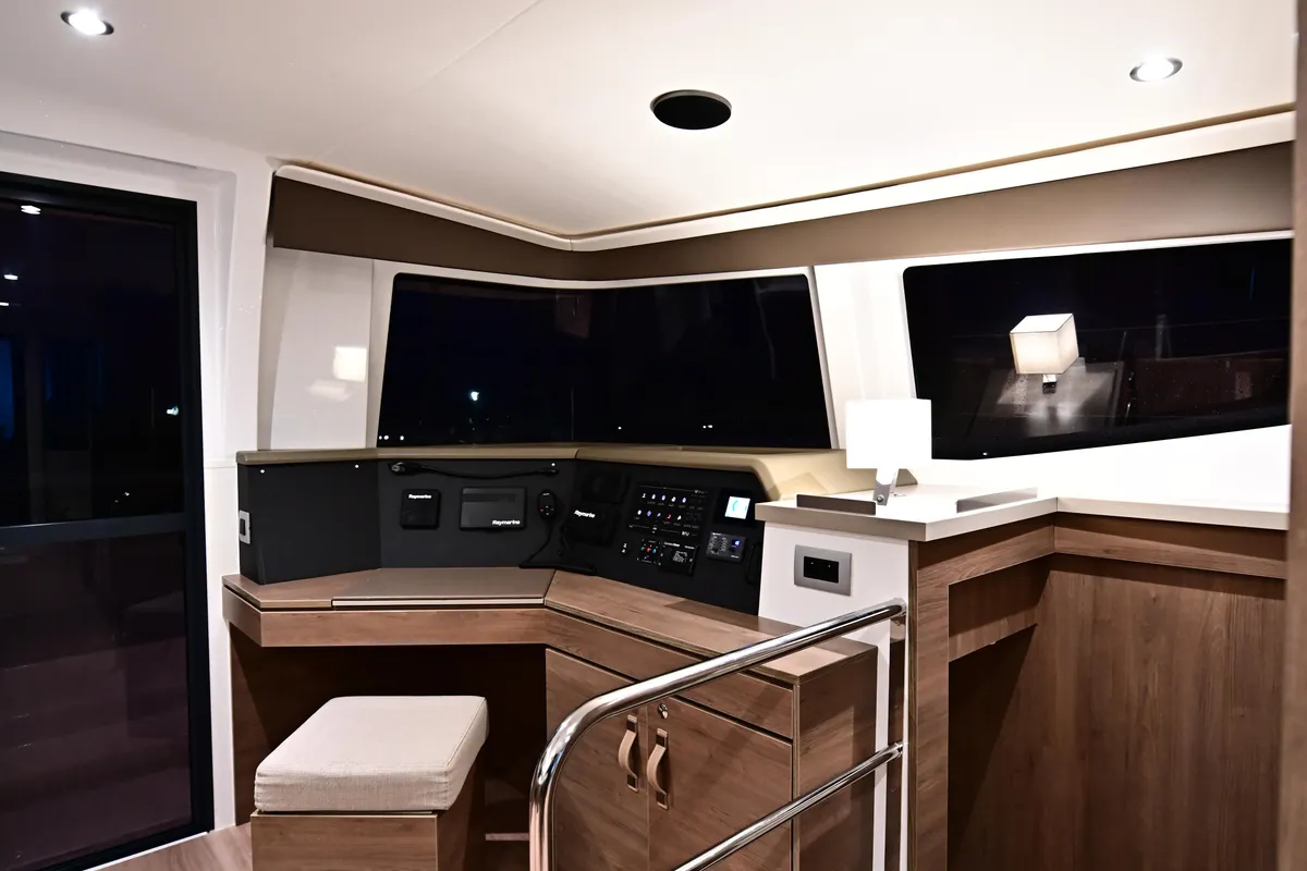 Cockpit of Cio, a Bali 4.4 catamaran at Olbia, Italy