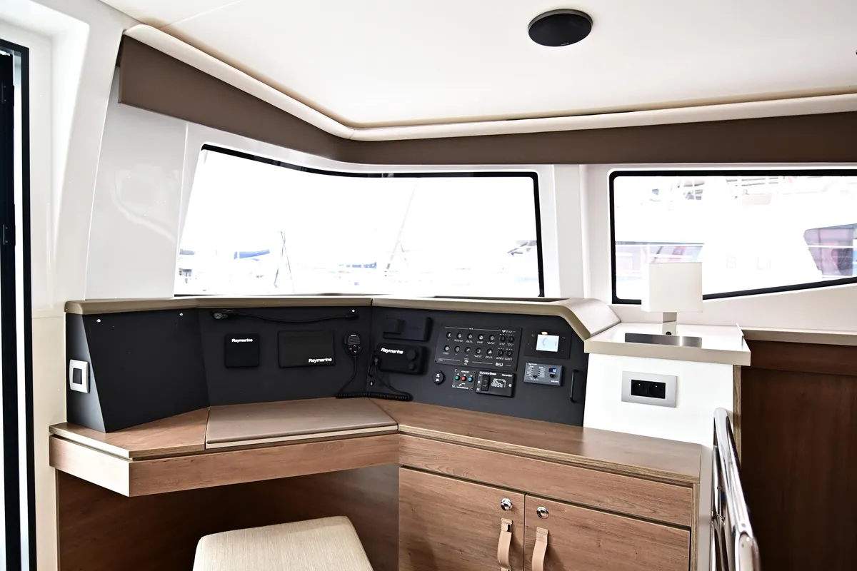 Cockpit of Cio, a Bali 4.4 catamaran at Olbia, Italy