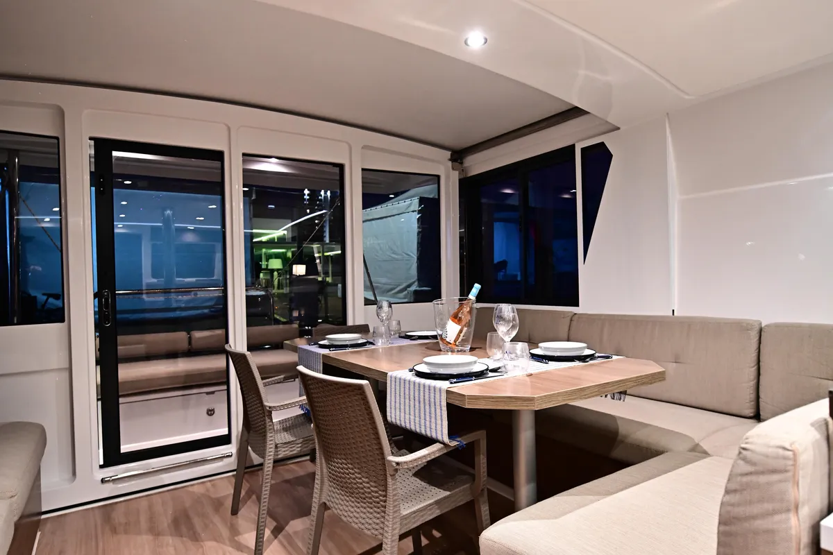 Salon of Cio, a Bali 4.4 catamaran at Olbia, Italy