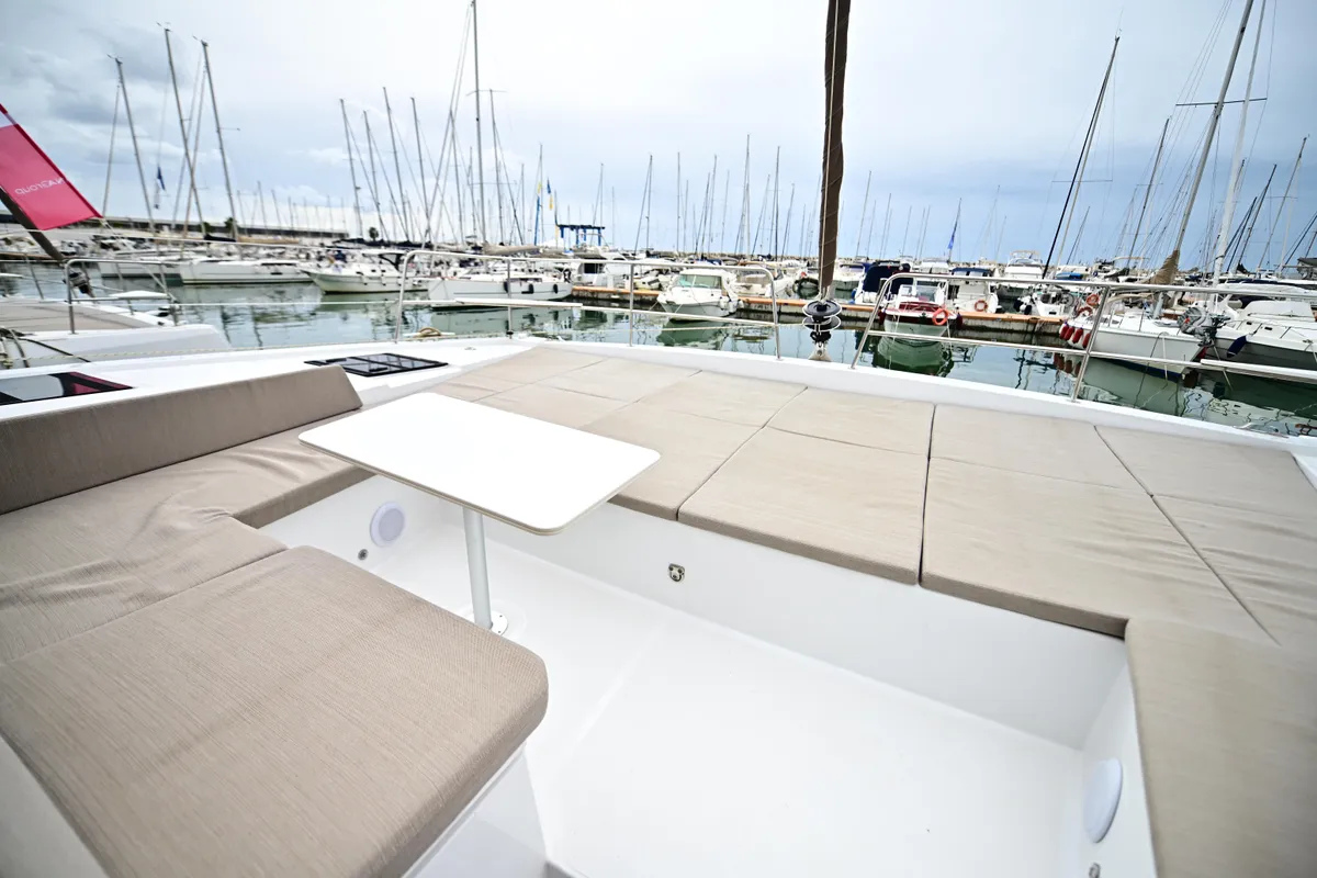 Deck of Cio, a Bali 4.4 catamaran at Olbia, Italy
