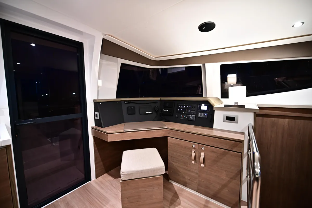 Cockpit of Cio, a Bali 4.4 catamaran at Olbia, Italy