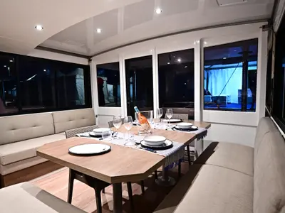 Salon of Cio, a Bali 4.4 catamaran at Olbia, Italy