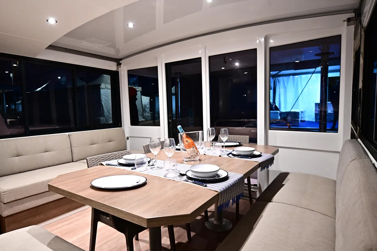 Salon of Cio, a Bali 4.4 catamaran at Olbia, Italy