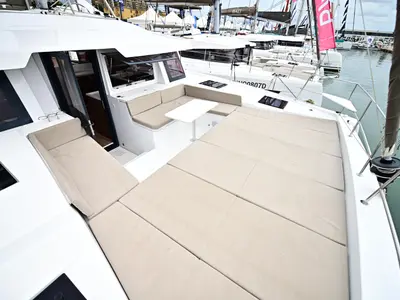 Deck of Cio, a Bali 4.4 catamaran at Olbia, Italy