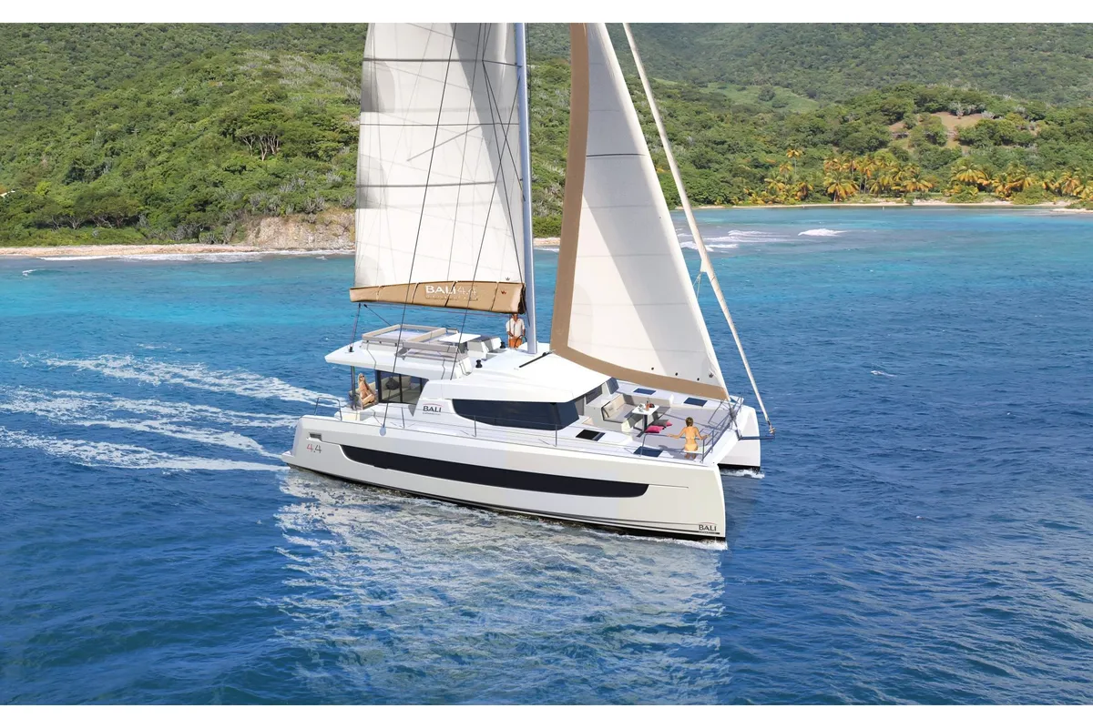 Exterior view of Cio, a Bali 4.4 catamaran at Olbia, Italy