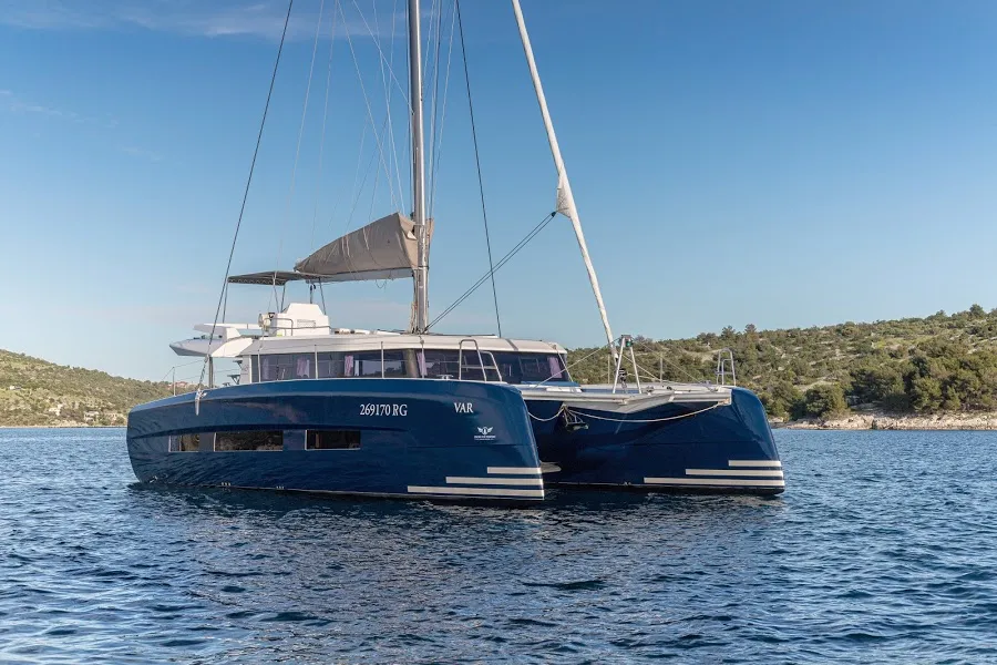 Exterior view of Bro, a Dufour 48 Catamaran catamaran at Primošten, Croatia