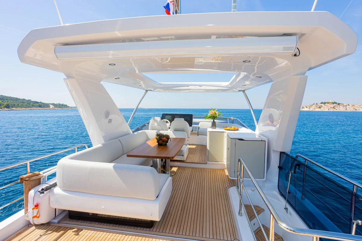 Deck of Genesis, a Azimut 60 motorboat at Primošten, Croatia