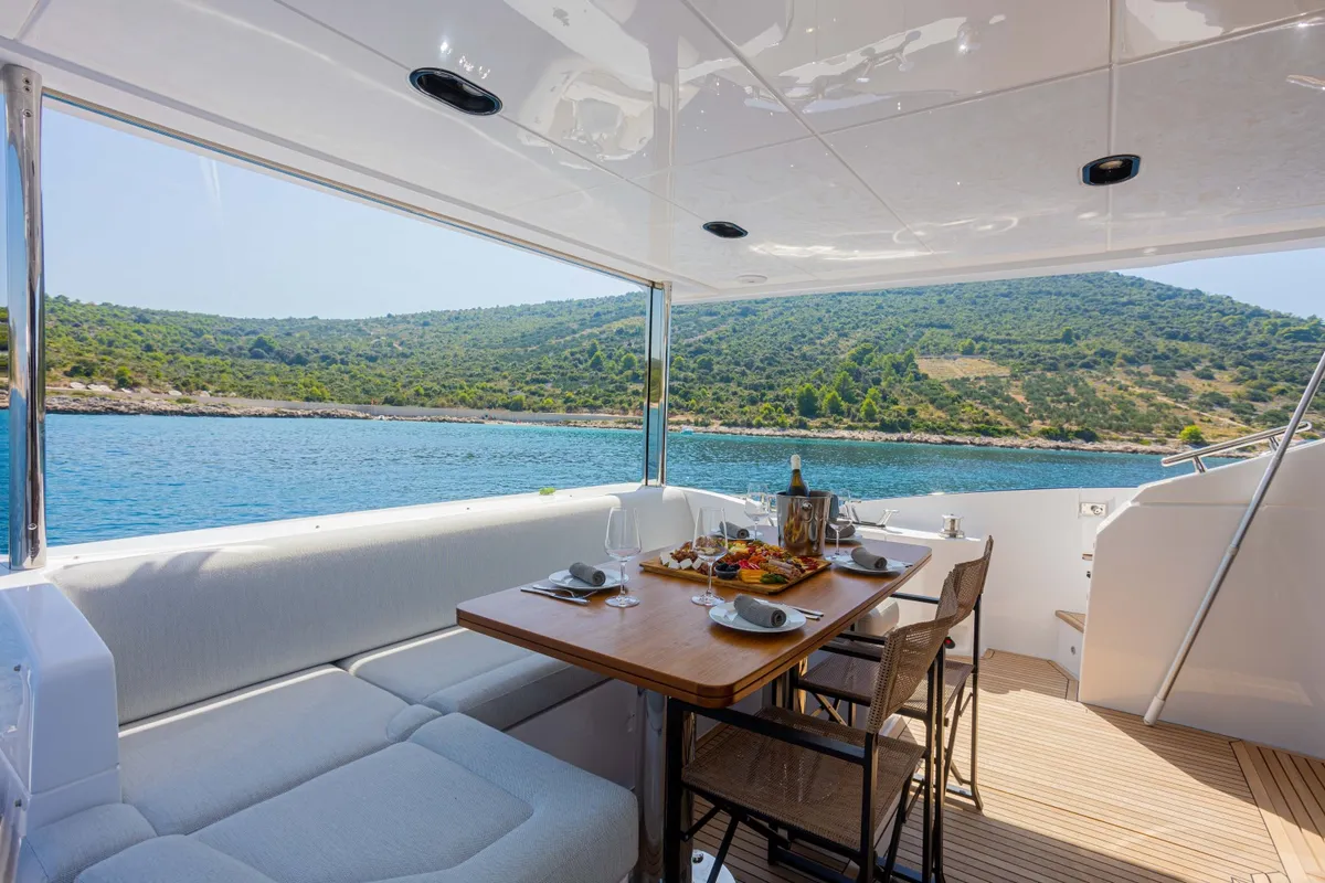 Deck of Genesis, a Azimut 60 motorboat at Primošten, Croatia