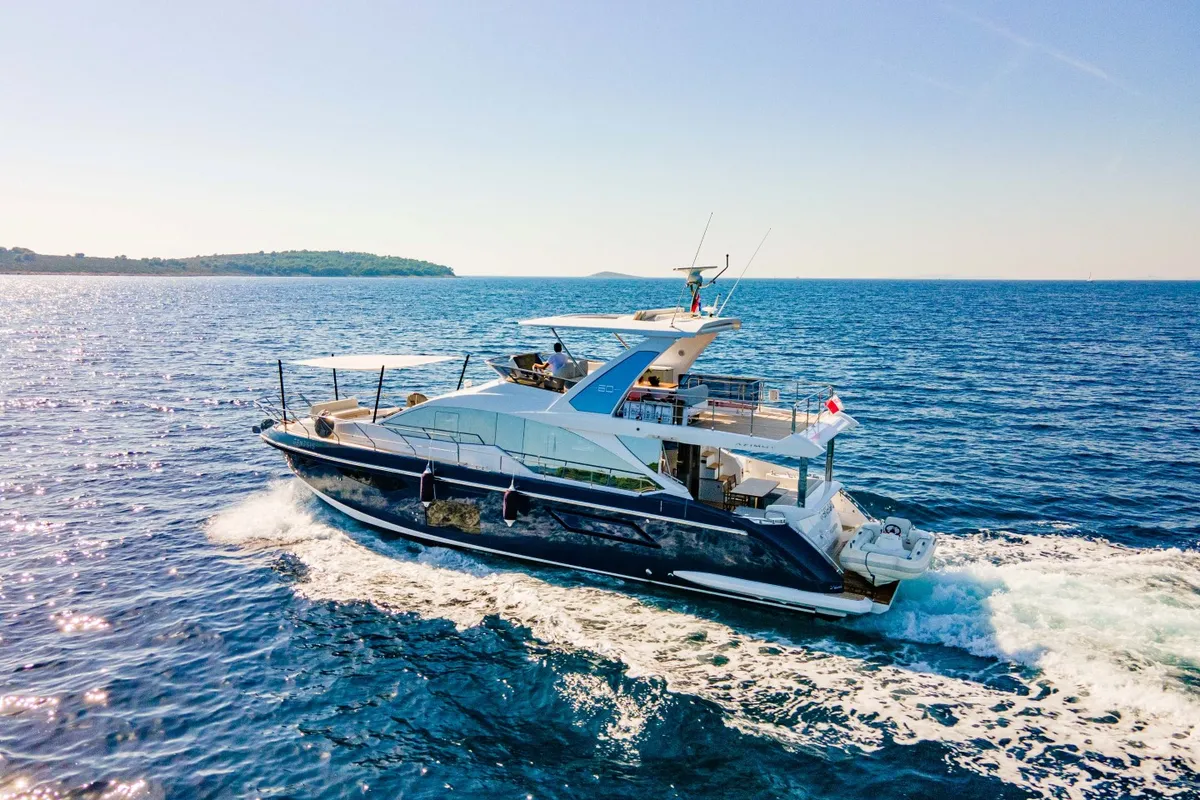 Exterior view of Genesis, a Azimut 60 motorboat at Primošten, Croatia