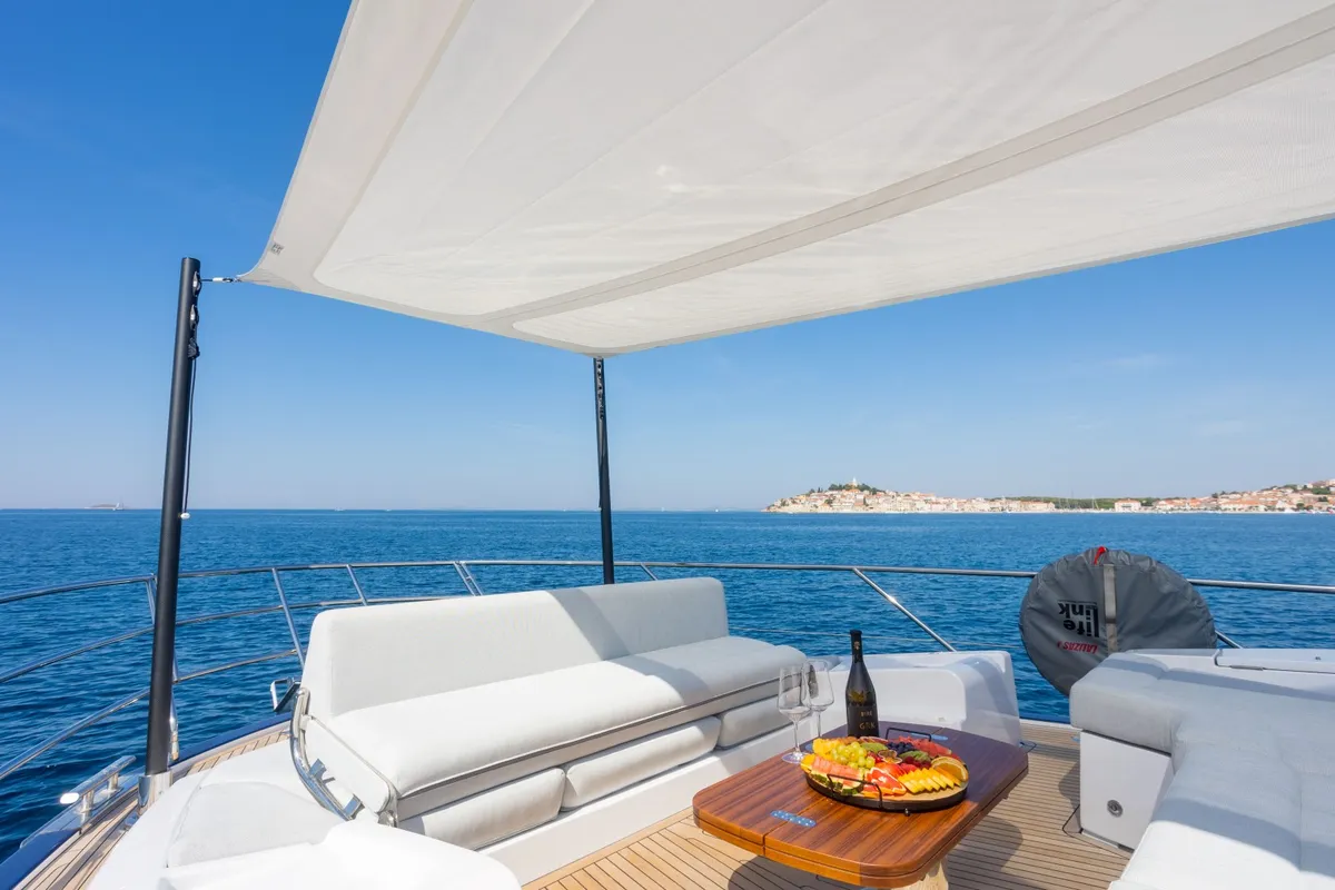 Deck of Genesis, a Azimut 60 motorboat at Primošten, Croatia