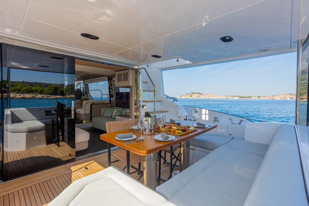 Deck of Genesis, a Azimut 60 motorboat at Primošten, Croatia