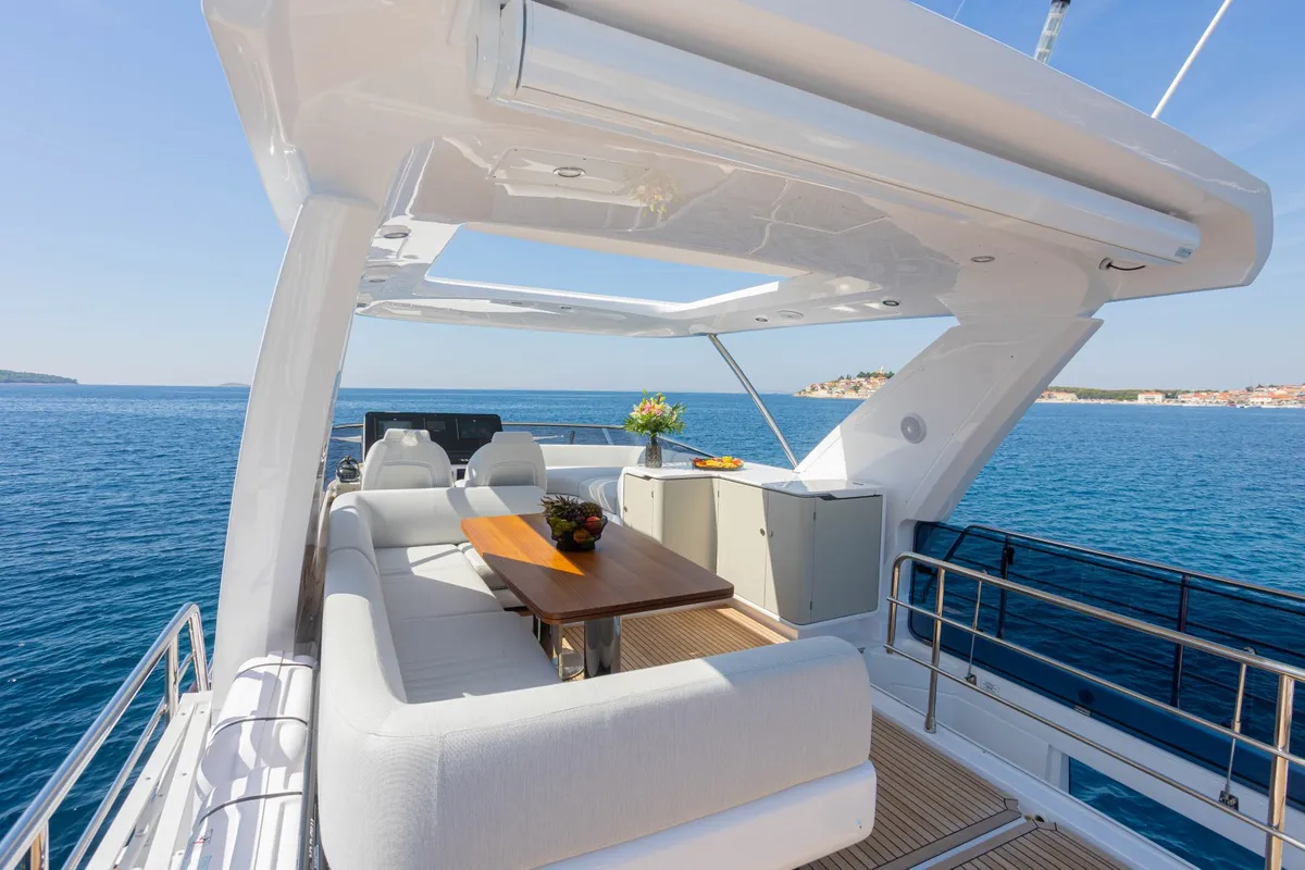 Deck of Genesis, a Azimut 60 motorboat at Primošten, Croatia