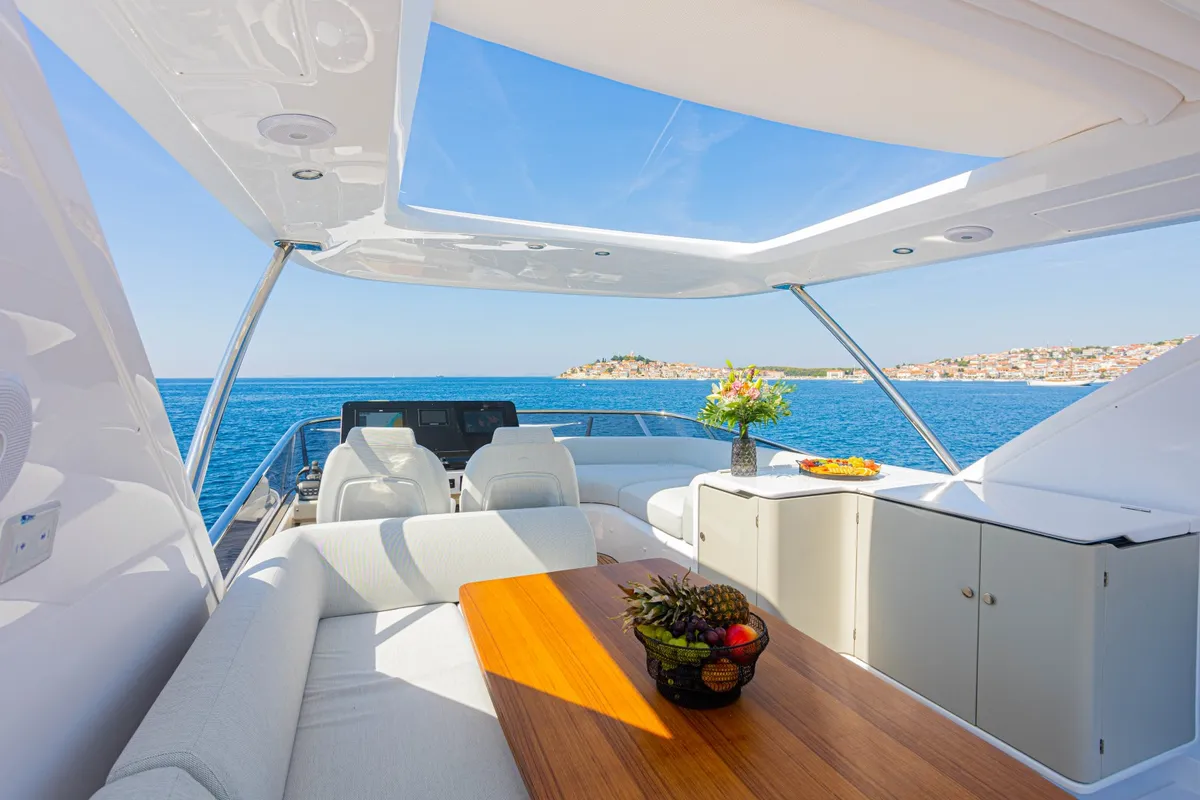 Deck of Genesis, a Azimut 60 motorboat at Primošten, Croatia