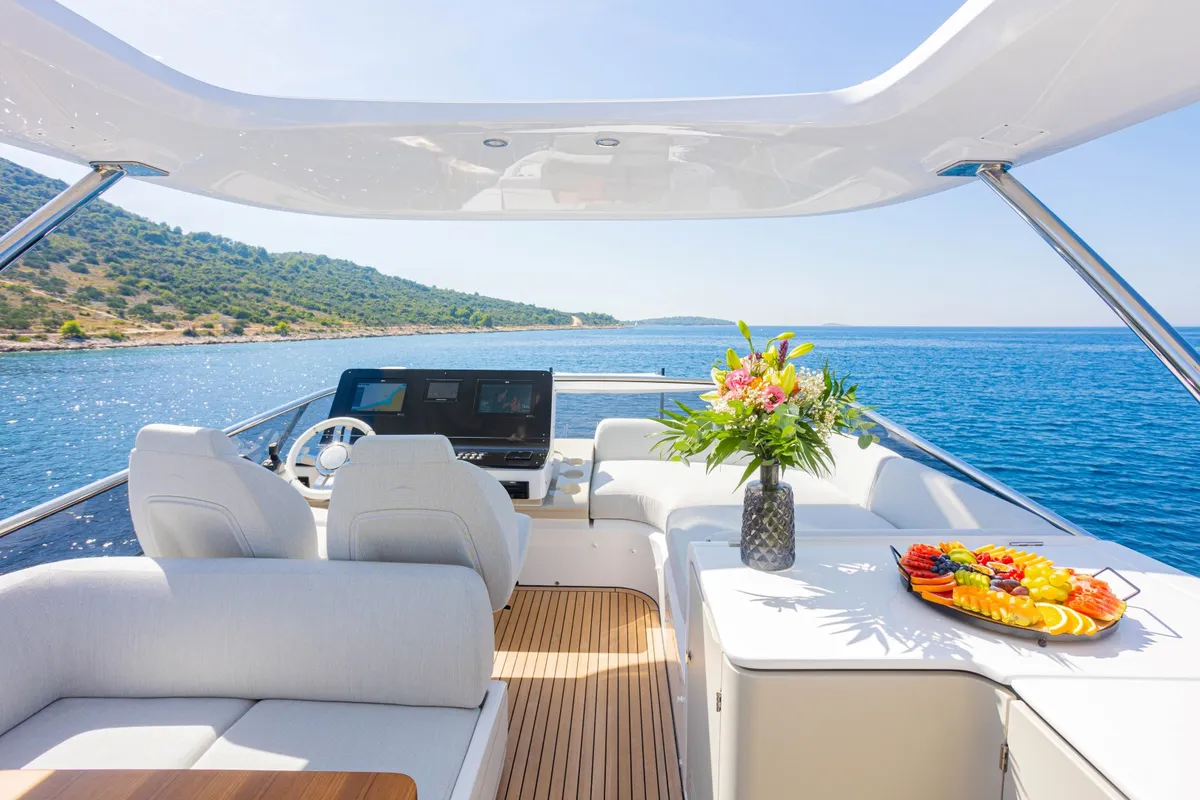 Cockpit of Genesis, a Azimut 60 motorboat at Primošten, Croatia