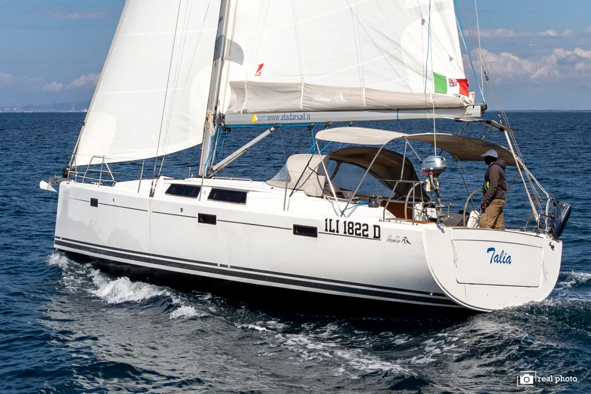 Exterior view of Talia, a Hanse 415 sailboat at Puntone di Scarlino, Italy