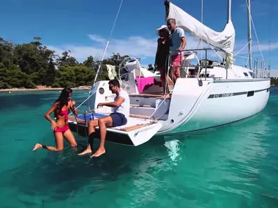 Exterior view of Optima Prime, a Bavaria Cruiser 46 sailboat at Grad Kaštela, Croatia