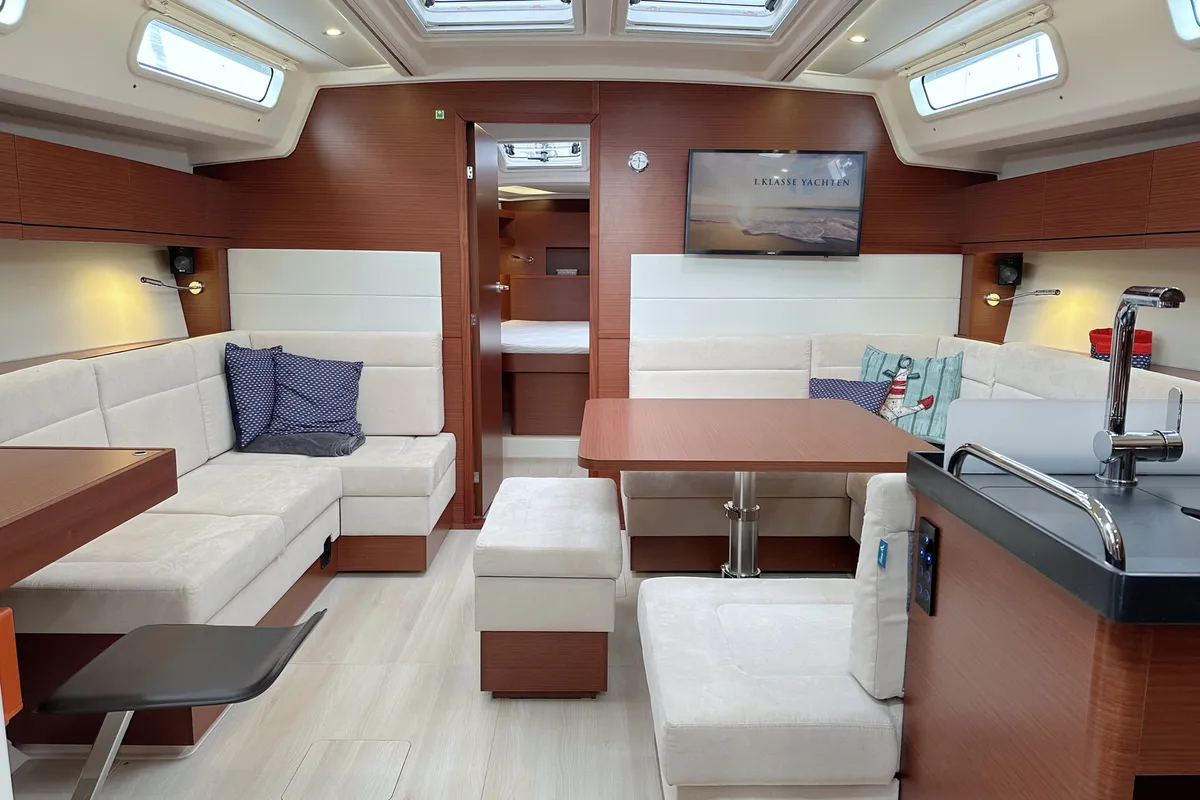 Salon of Namaka Elua, a Hanse 458 sailboat at Palma de Mallorca, Spain