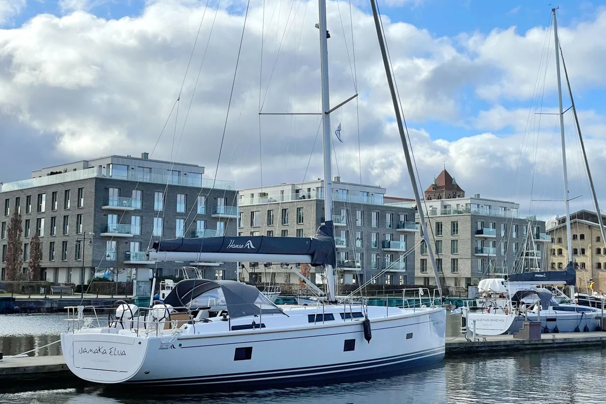 Exterior view of Namaka Elua, a Hanse 458 sailboat at Palma de Mallorca, Spain