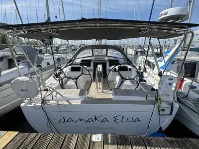 Cockpit of Namaka Elua, a Hanse 458 sailboat at Palma de Mallorca, Spain