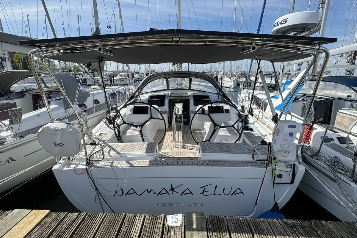 Cockpit of Namaka Elua, a Hanse 458 sailboat at Palma de Mallorca, Spain