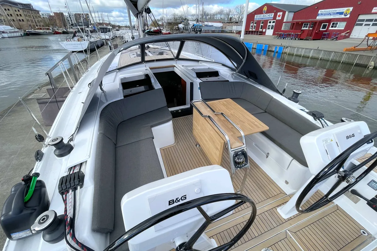 Deck of Namaka Elua, a Hanse 458 sailboat at Palma de Mallorca, Spain