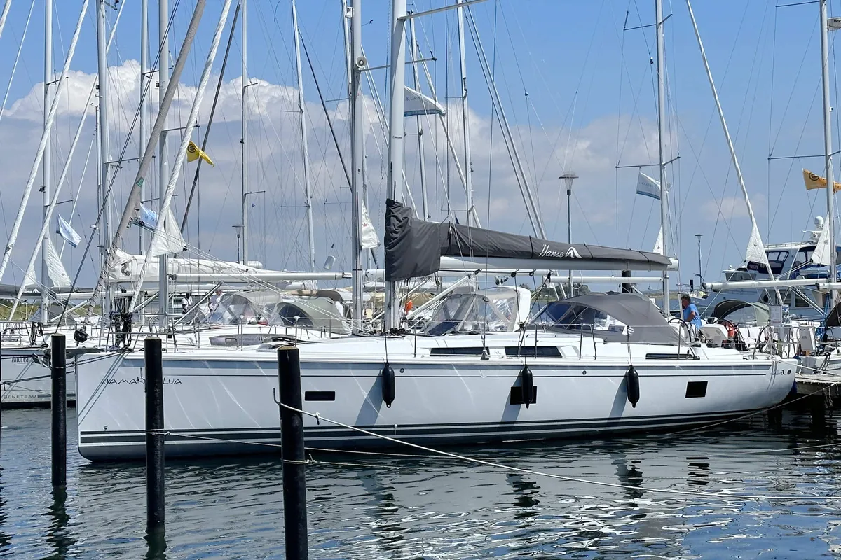 Exterior view of Namaka Elua, a Hanse 458 sailboat at Palma de Mallorca, Spain