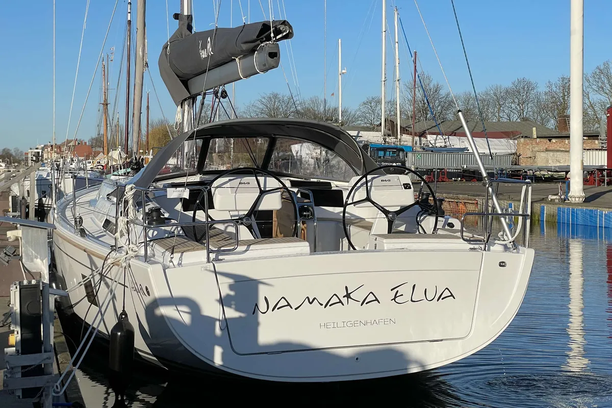 Cockpit of Namaka Elua, a Hanse 458 sailboat at Palma de Mallorca, Spain