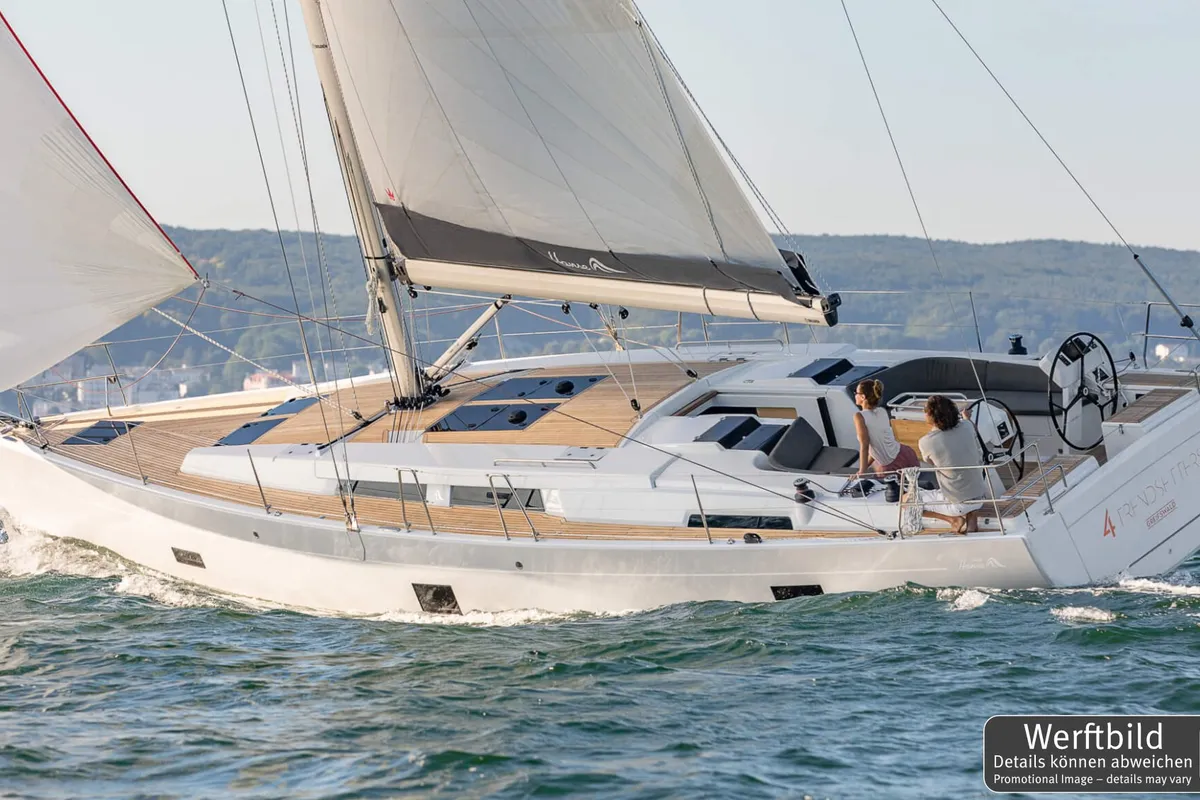 Exterior view of Namaka Elua, a Hanse 458 sailboat at Palma de Mallorca, Spain