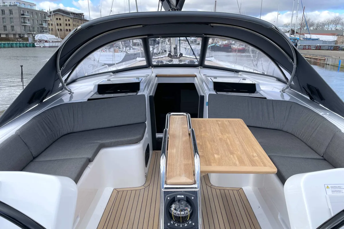 Deck of Namaka Elua, a Hanse 458 sailboat at Palma de Mallorca, Spain