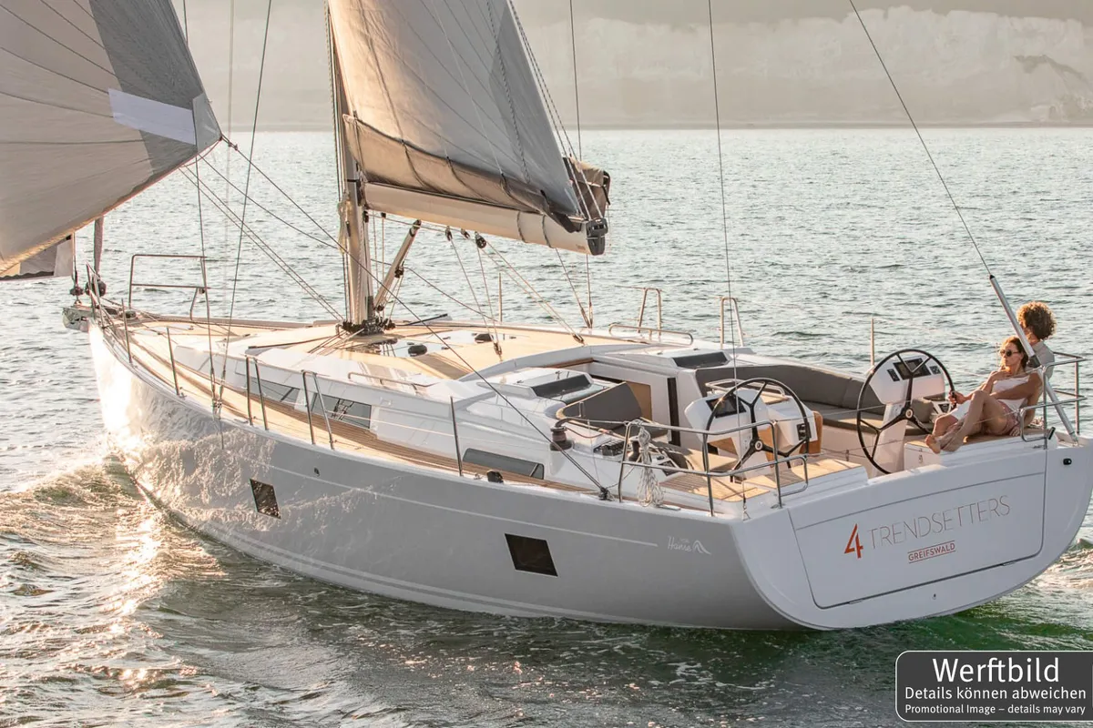 Exterior view of Namaka Elua, a Hanse 458 sailboat at Palma de Mallorca, Spain